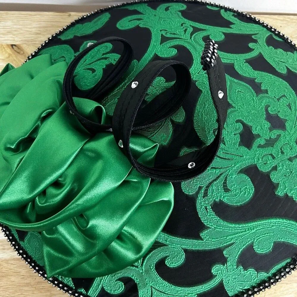 Church Derby Hat Green Black Damask Wide Brim Rhinestone Trim Satin Bow